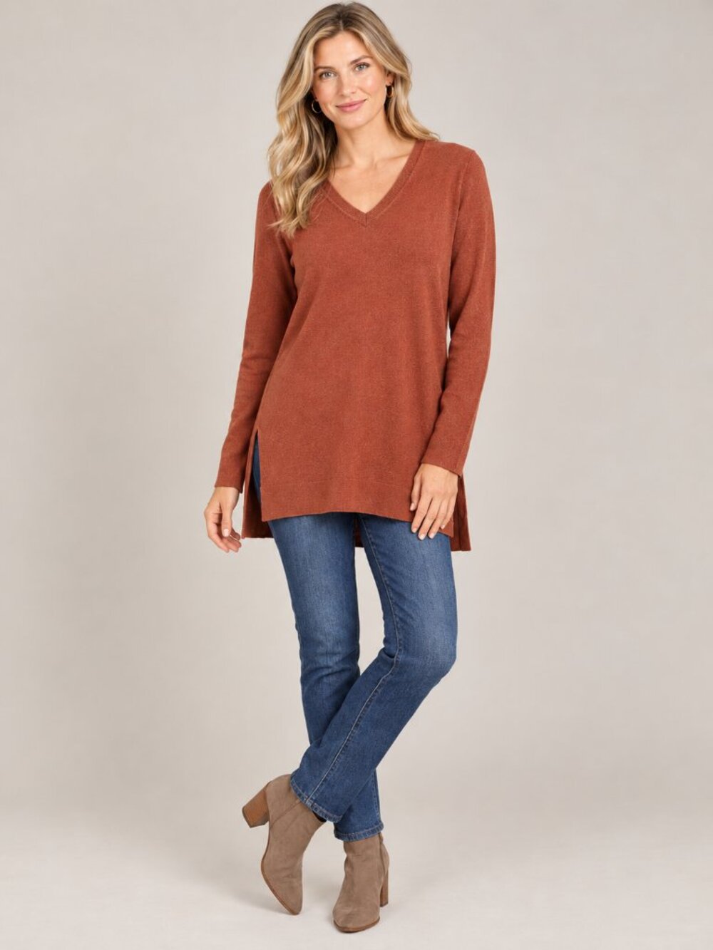 Duluth Trading Co. Rust V Neck Longline Sweater Tunic Side Slits Cotton Blend